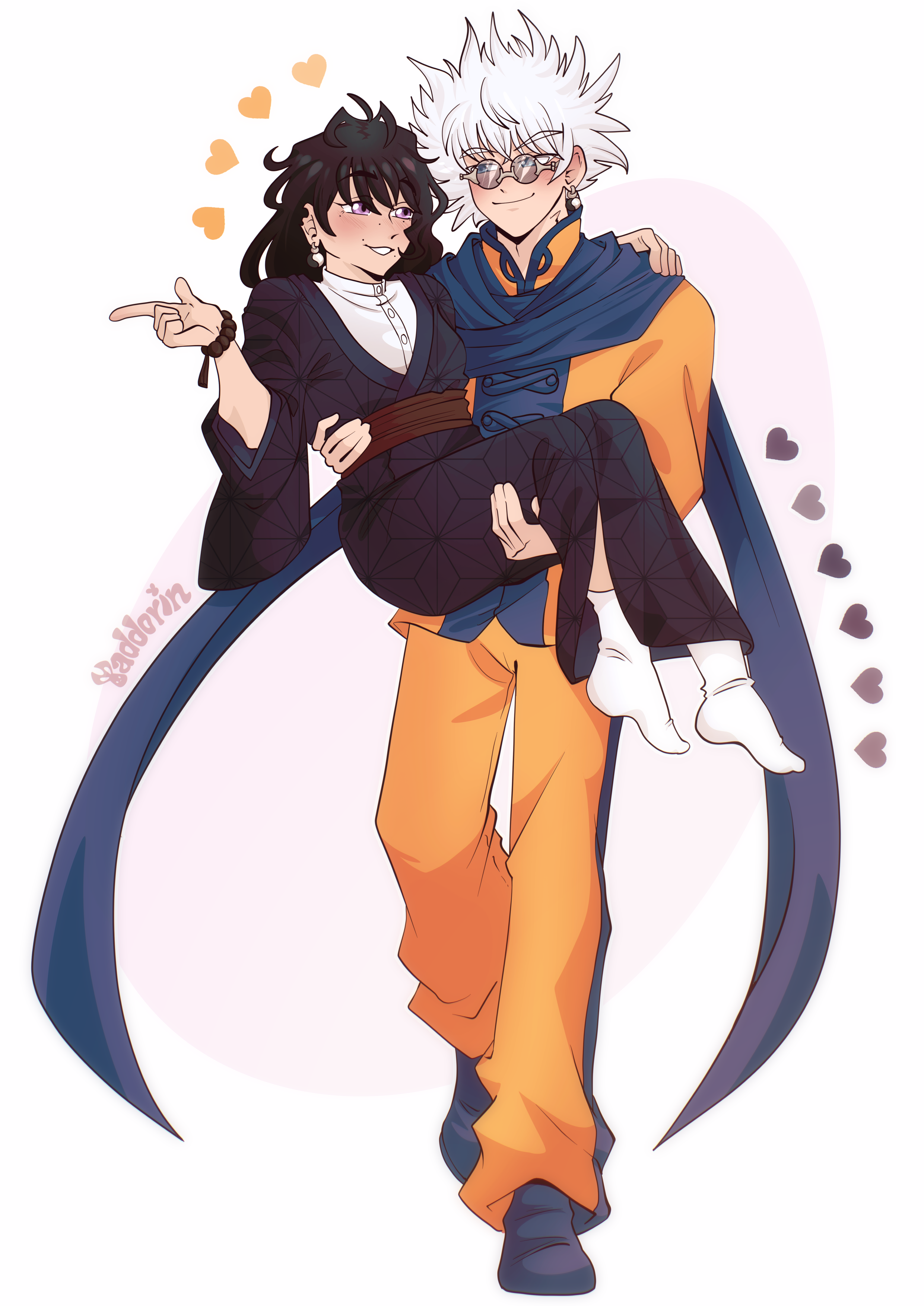 artwork of Enishi carrying Yukie while the two blush